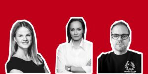 Das Team vom MOPO-Werbelokal als Portraits auf rotem Hintergrund. Triff Felix, Hanna und Elisabeth auf dem Food Innovation Camp 2023.